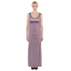 Usa Flag Red And Flag Blue Narrow Thin Stripes  Maxi Thigh Split Dress by PodArtist