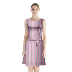Usa Flag Red And Flag Blue Narrow Thin Stripes  Sleeveless Waist Tie Chiffon Dress by PodArtist