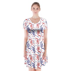 Red White And Blue Usa/uk/france Colored Party Streamers Short Sleeve V-neck Flare Dress by PodArtist