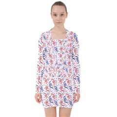 Red White and Blue USA/UK/France Colored Party Streamers V-neck Bodycon Long Sleeve Dress