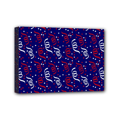 Red White And Blue Usa/uk/france Colored Party Streamers On Blue Mini Canvas 7  X 5  by PodArtist