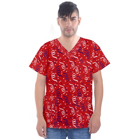 Red White And Blue Usa/uk/france Colored Party Streamers Men s V-neck Scrub Top by PodArtist
