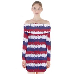 244776512ny Usa Skyline In Red White & Blue Stripes Nyc New York Manhattan Skyline Silhouette Long Sleeve Off Shoulder Dress by PodArtist