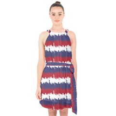 244776512ny Usa Skyline In Red White & Blue Stripes Nyc New York Manhattan Skyline Silhouette Halter Collar Waist Tie Chiffon Dress by PodArtist