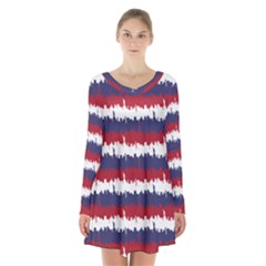 244776512ny Usa Skyline In Red White & Blue Stripes Nyc New York Manhattan Skyline Silhouette Long Sleeve Velvet V-neck Dress by PodArtist