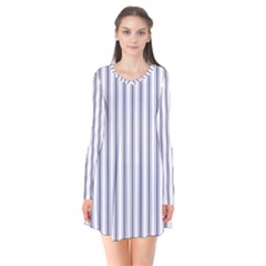 Mattress Ticking Wide Striped Pattern In Usa Flag Blue And White Long Sleeve V-neck Flare Dress by PodArtist