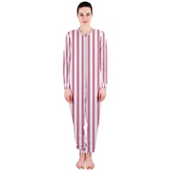 Mattress Ticking Wide Striped Pattern in USA Flag Red and White OnePiece Jumpsuit (Ladies) 