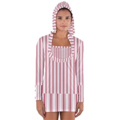 Mattress Ticking Wide Striped Pattern in USA Flag Red and White Long Sleeve Hooded T-shirt