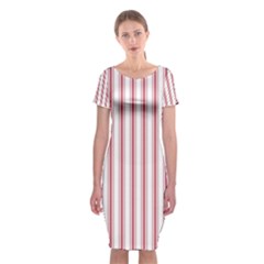 Mattress Ticking Wide Striped Pattern in USA Flag Red and White Classic Short Sleeve Midi Dress