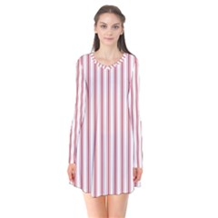 Mattress Ticking Wide Striped Pattern in USA Flag Red and White Long Sleeve V-neck Flare Dress