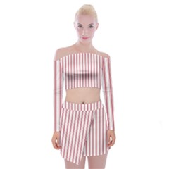 Mattress Ticking Wide Striped Pattern in USA Flag Red and White Off Shoulder Top with Mini Skirt Set