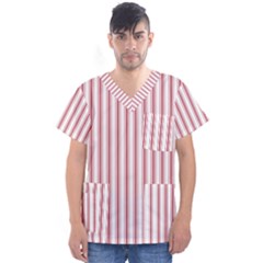 Mattress Ticking Wide Striped Pattern in USA Flag Red and White Men s V-Neck Scrub Top