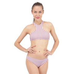 Mattress Ticking Wide Striped Pattern in USA Flag Red and White High Neck Bikini Set