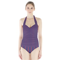 Mattress Ticking Wide Striped Pattern In Usa Flag Blue And Red Halter Swimsuit by PodArtist