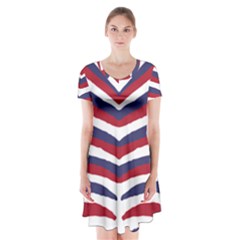 Us United States Red White And Blue American Zebra Strip Short Sleeve V-neck Flare Dress by PodArtist