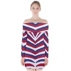 Us United States Red White And Blue American Zebra Strip Long Sleeve Off Shoulder Dress by PodArtist