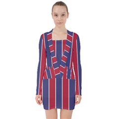 Large Red White And Blue Usa Memorial Day Holiday Vertical Cabana Stripes V-neck Bodycon Long Sleeve Dress by PodArtist