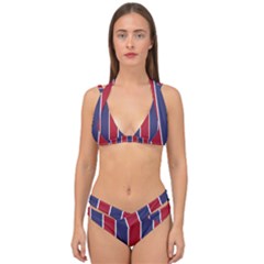 Large Red White And Blue Usa Memorial Day Holiday Vertical Cabana Stripes Double Strap Halter Bikini Set by PodArtist