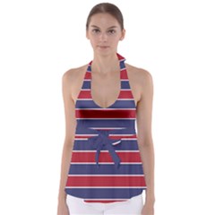 Large Red White And Blue Usa Memorial Day Holiday Horizontal Cabana Stripes Babydoll Tankini Top by PodArtist