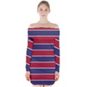 Large Red White and Blue USA Memorial Day Holiday Horizontal Cabana Stripes Long Sleeve Off Shoulder Dress View1