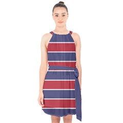 Large Red White And Blue Usa Memorial Day Holiday Horizontal Cabana Stripes Halter Collar Waist Tie Chiffon Dress