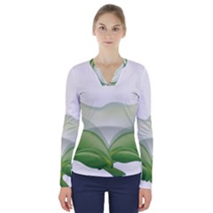 Pearl Drop Flower Plant V-neck Long Sleeve Top by Sapixe