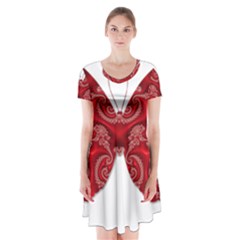 Butterfly Red Fractal Art Nature Short Sleeve V-neck Flare Dress