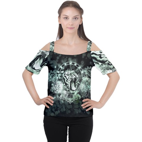 Awesome Tiger In Green And Black Cutout Shoulder Tee by FantasyWorld7