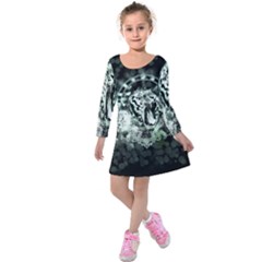 Awesome Tiger In Green And Black Kids  Long Sleeve Velvet Dress by FantasyWorld7