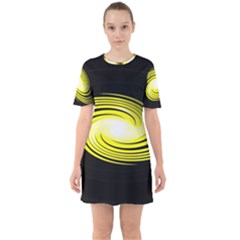 Fractal Swirl Yellow Black Whirl Sixties Short Sleeve Mini Dress by Sapixe