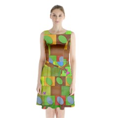 Easter Egg Happy Easter Colorful Sleeveless Waist Tie Chiffon Dress by Sapixe