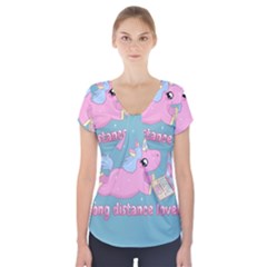 Long Distance Lover - Cute Unicorn Short Sleeve Front Detail Top by Valentinaart