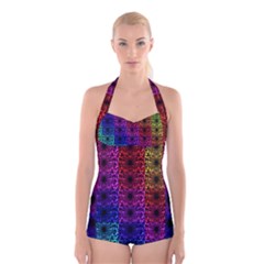 Rainbow Grid Form Abstract Boyleg Halter Swimsuit 