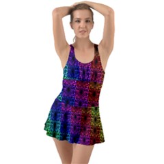 Rainbow Grid Form Abstract Ruffle Top Dress Swimsuit