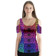 Rainbow Grid Form Abstract Butterfly Sleeve Cutout Tee 