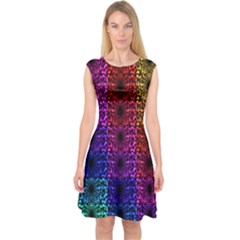 Rainbow Grid Form Abstract Capsleeve Midi Dress