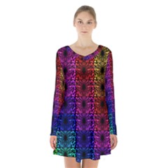 Rainbow Grid Form Abstract Long Sleeve Velvet V-neck Dress