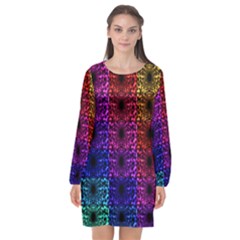 Rainbow Grid Form Abstract Long Sleeve Chiffon Shift Dress 