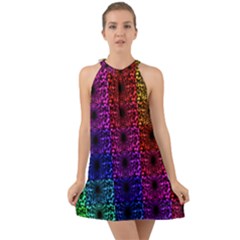 Rainbow Grid Form Abstract Halter Tie Back Chiffon Dress