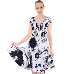 Pattern Color Painting Dab Black Cap Sleeve Front Wrap Midi Dress