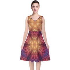Fractal Abstract Artistic V-neck Midi Sleeveless Dress 