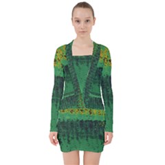 Green Fabric Textile Macro Detail V-neck Bodycon Long Sleeve Dress