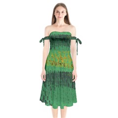 Green Fabric Textile Macro Detail Shoulder Tie Bardot Midi Dress