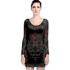 Fractal 3d Dark Red Abstract Long Sleeve Bodycon Dress