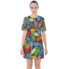 Colored Pencils Pens Paint Color Sixties Short Sleeve Mini Dress