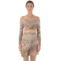 Abstract Brown Tree Timber Pattern Off Shoulder Top With Skirt Set