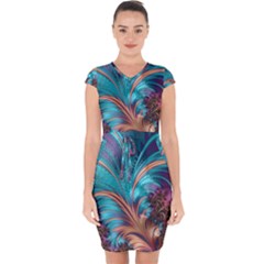 Feather Fractal Artistic Design Capsleeve Drawstring Dress 