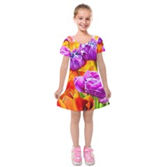 Tulip Flowers Kids  Short Sleeve Velvet Dress by FunnyCow