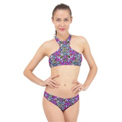 Multicolored Floral Collage Pattern 7200 High Neck Bikini Set by dflcprints