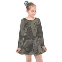 Country Boy Fishing Camouflage Pattern Kids  Long Sleeve Dress by Bigfootshirtshop